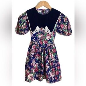 Emily West Vtg Floral Dress Girls 10PP Velvet Lace Collar Tieback Puff Sleeve